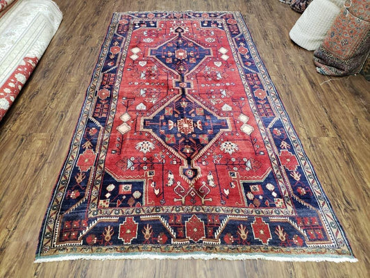 Antique Persian Zanjan Nahavand Heriz Rug, Red & Blue, Hand-Knotted, 5' x 9' 7" - Nuvé