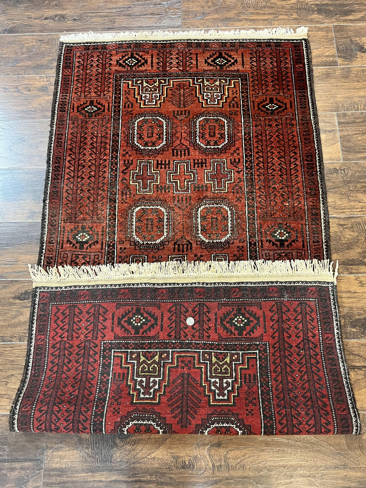 Antique Persian Turkoman Rug 3x6, Wool Tribal Handmade Carpet, Red and Black