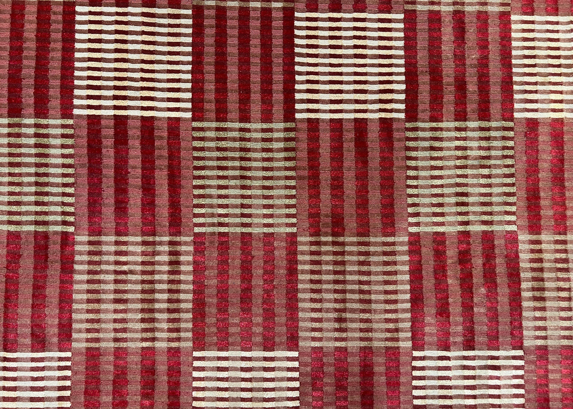 Modern Tibetan Rug 8x10, Hand Knotted Contemporary Nepali Carpet 8 x 10, Checkerboard Design, Red Cream Light Brown, Very Fine Wool & Silk - Nuvé