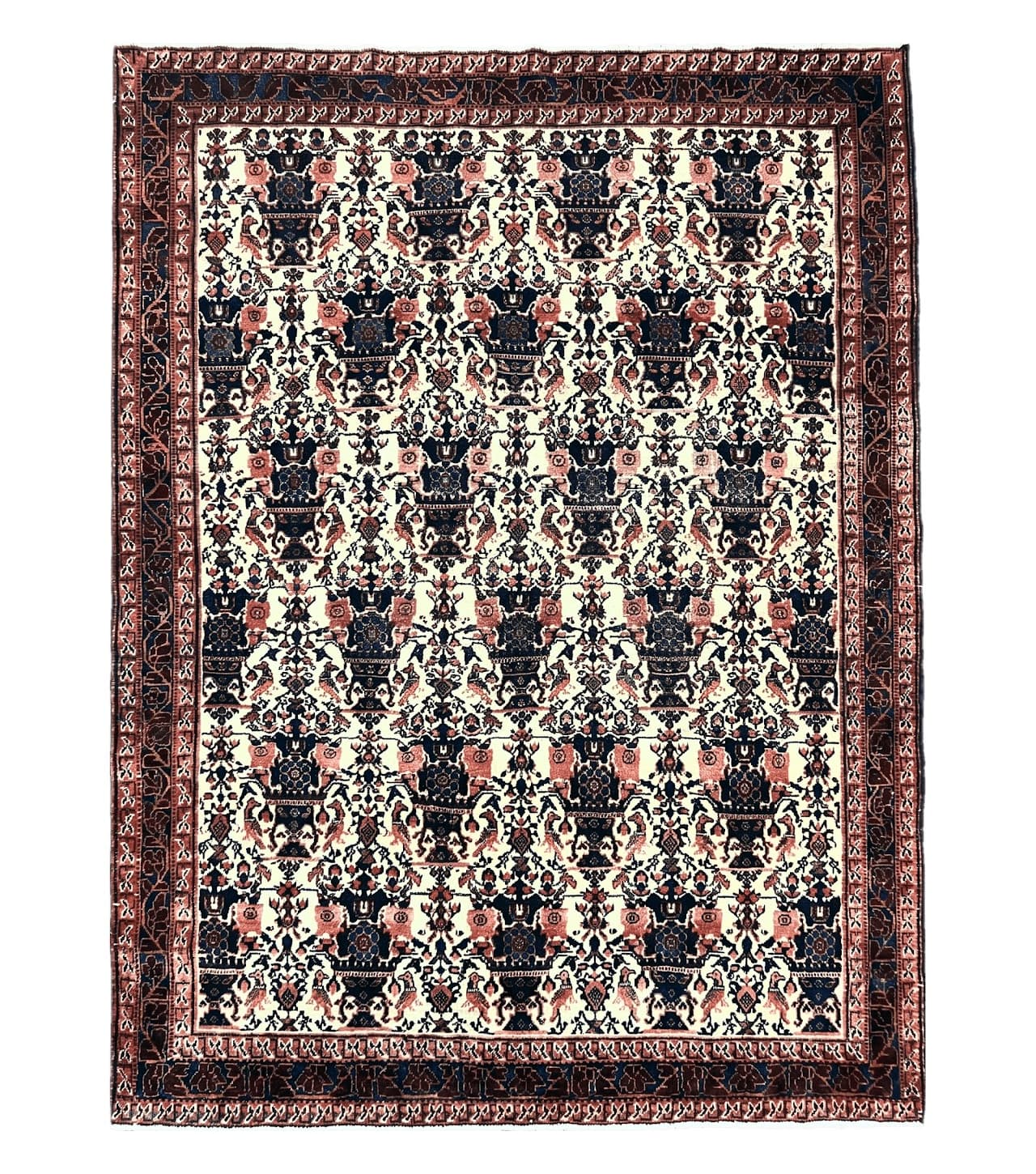 Persian Afshar Rug 6x8, Wool Hand Knotted Semi Antique Vintage Carpet, Floral Allover, Repeated Birds Flowers Vases Motifs