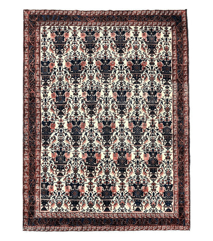 Persian Afshar Rug 6x8, Wool Hand Knotted Semi Antique Vintage Carpet, Floral Allover, Repeated Birds Flowers Vases Motifs