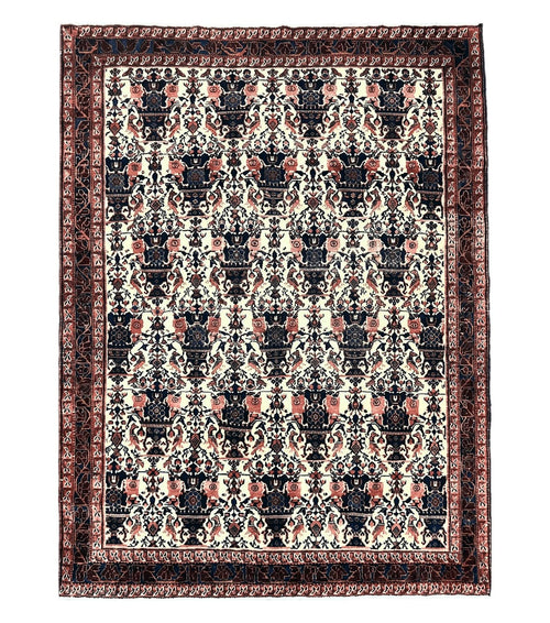 Persian Afshar Rug 6x8, Wool Hand Knotted Semi Antique Vintage Carpet, Floral Allover, Repeated Birds Flowers Vases Motifs