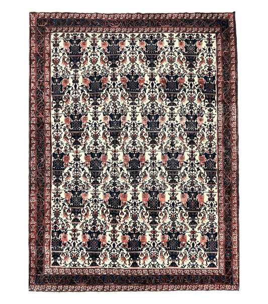 Persian Afshar Rug 6x8, Wool Hand Knotted Semi Antique Vintage Carpet, Floral Allover, Repeated Birds Flowers Vases Motifs
