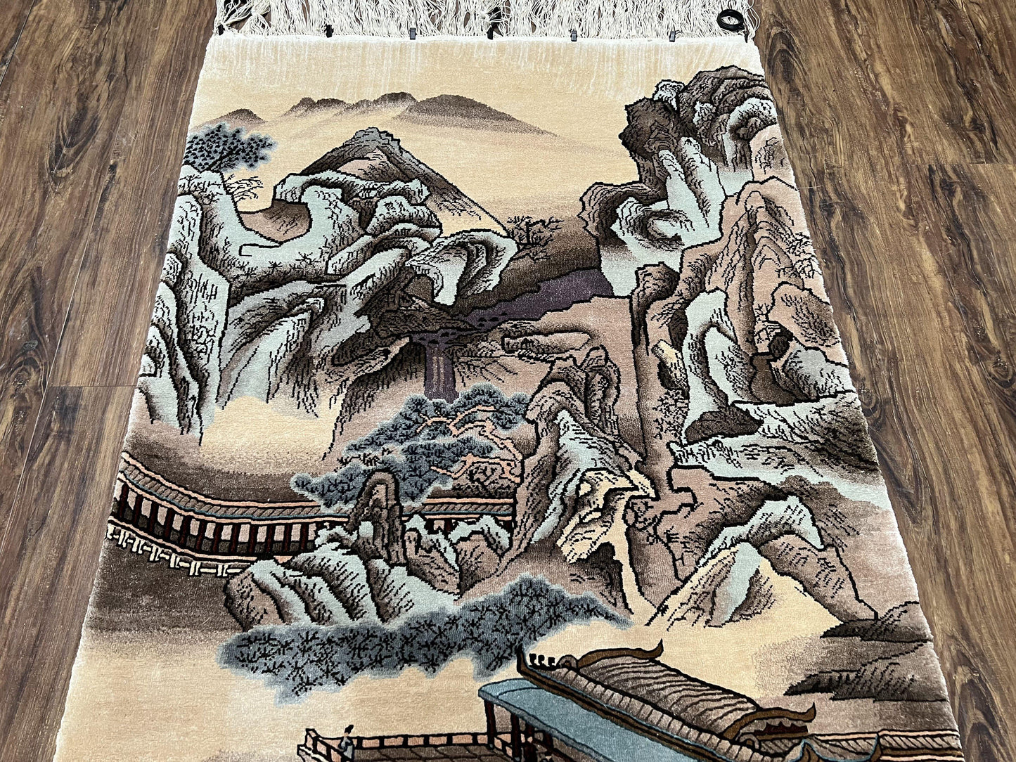 Silk Chinese Wall Hanging Rug 3x6 ft Tapestry, Pagoda Scene, Pictorial, High Quality Fine Hand Knotted Vintage, Asian Oriental Handmade Nice - Nuvé
