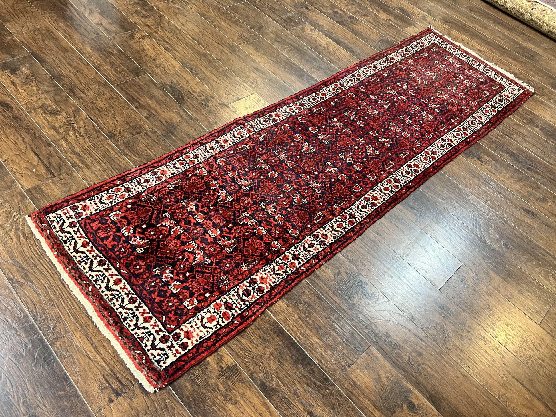 Persian Tribal Runner 3 x 9, Hamadan Dargazin Rug, Dark Blue and Red Wool Hand Knotted Hallway Rug, Vintage Antique Oriental Runner, 9ft Long Runner, Herati - Nuvé