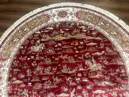 Large Round Turkish Silk Rug 8x8, Hunting Design, Dark Red & Ivory, Bamboo Silk - Nuvé