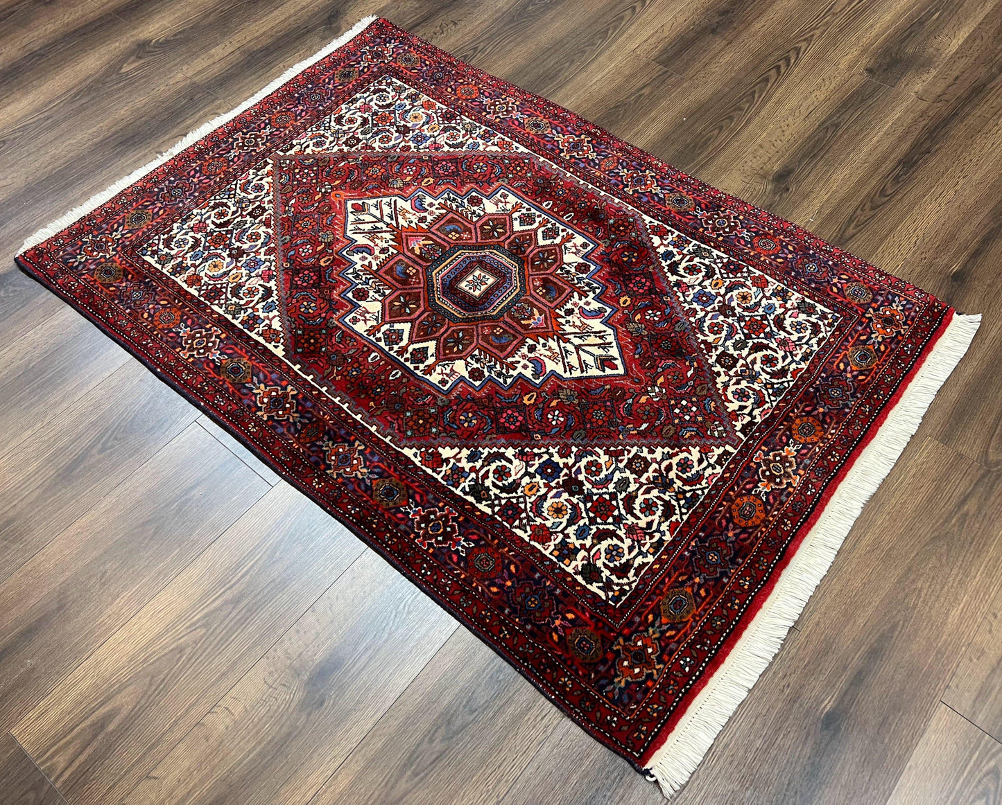 Fine Persian Bidjar Rug 3x5, Geometric Medallion Oriental Bijar Carpet 3 x 5 ft, Ruby Red and Cream, Hand Knotted Wool Rug, Semi Antique Tribal Rug, Nice - Nuvé