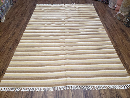 Indian Striped Blanket 6x9, Large Indo Kilim Area Rug, Earthern Tones Woolen Hand-Woven Flatweave South American Style Queen Size Bedspread - Nuvé