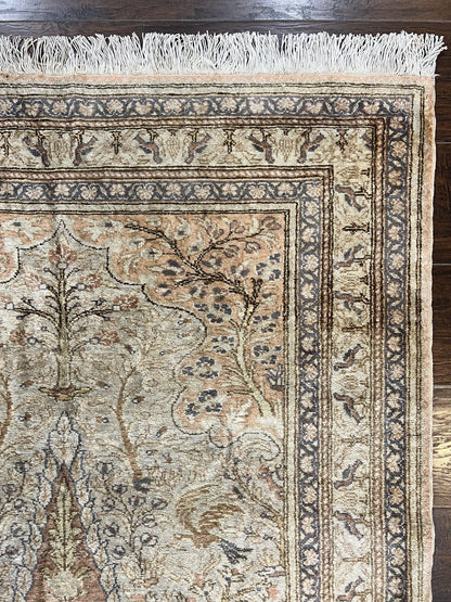 Turkish Kayseri Silk Rug 4x6, Tree of Life Pattern, Vintage Handmade Hand Knotted Carpet, Animal Pictorials, Birds - Nuvé