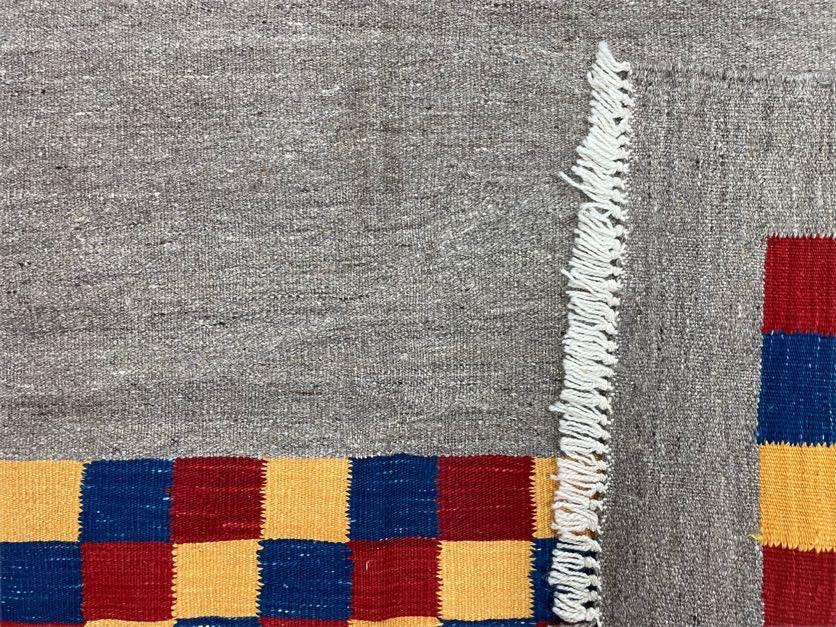 Gray Kilim Carpet, Yellow, Red, Blue Checkerboard Pattern, Flatweave, New, Geometric, Hand-Knotted, Wool, Turkish Area Rug, 5' 9" x 7' 9" - Nuvé