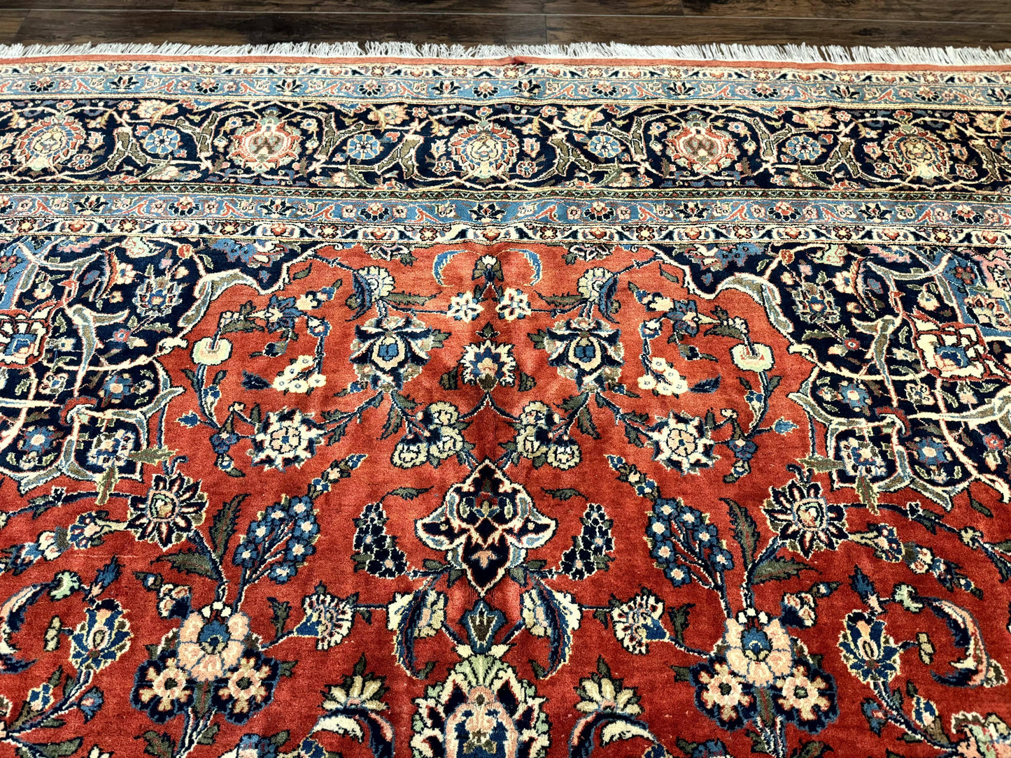 Red Persian Kashan Rug 10x14, Hand-Knotted Semi Antique Floral Medallion Handmade Wool Carpet, Red & Navy Blue - Nuvé