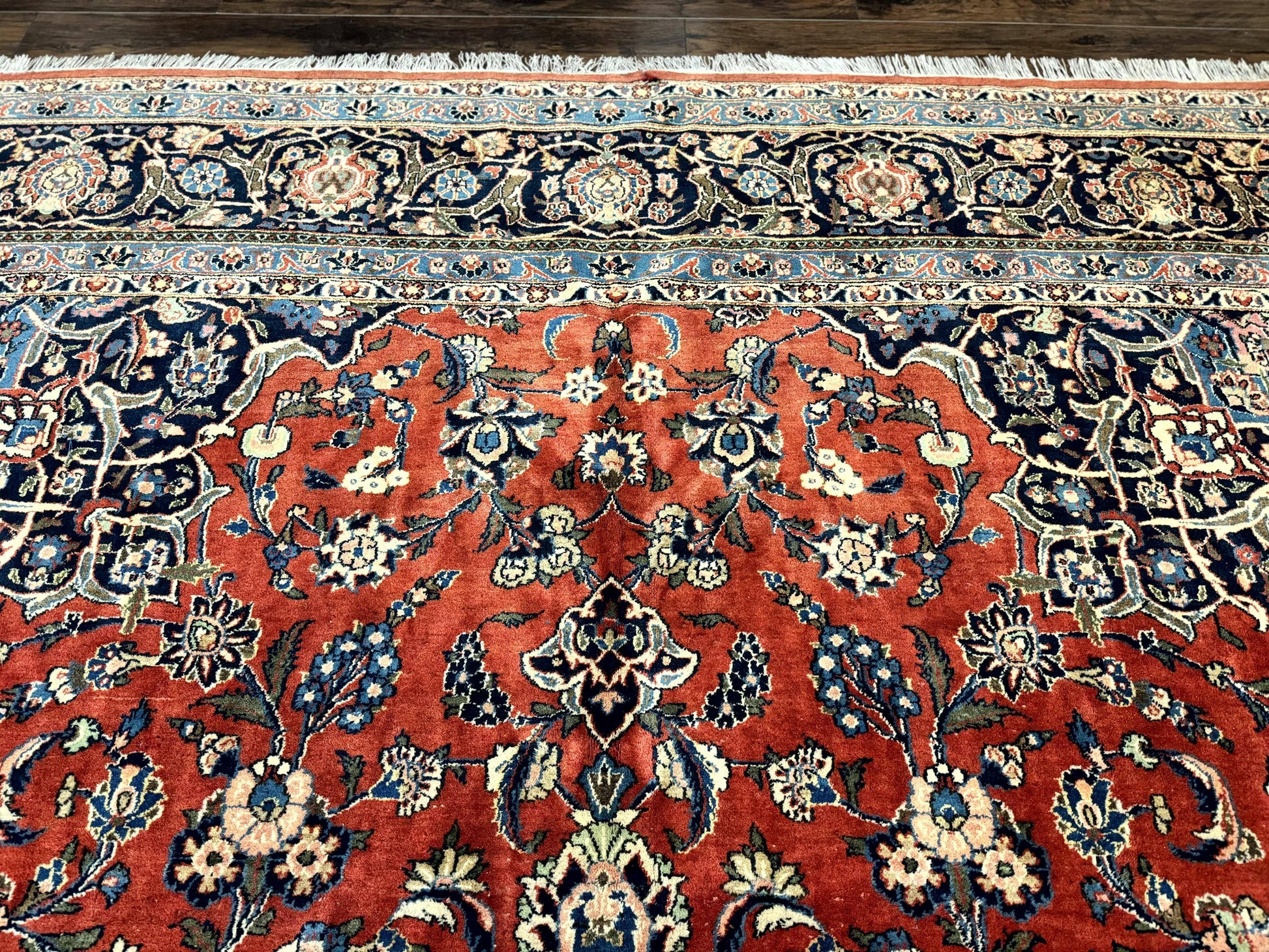 Red Persian Kashan Rug 10x14, Hand-Knotted Semi Antique Floral Medallion Handmade Wool Carpet, Red & Navy Blue - Nuvé