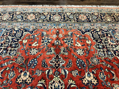 Red Persian Kashan Rug 10x14, Hand-Knotted Semi Antique Floral Medallion Handmade Wool Carpet, Red & Navy Blue - Nuvé