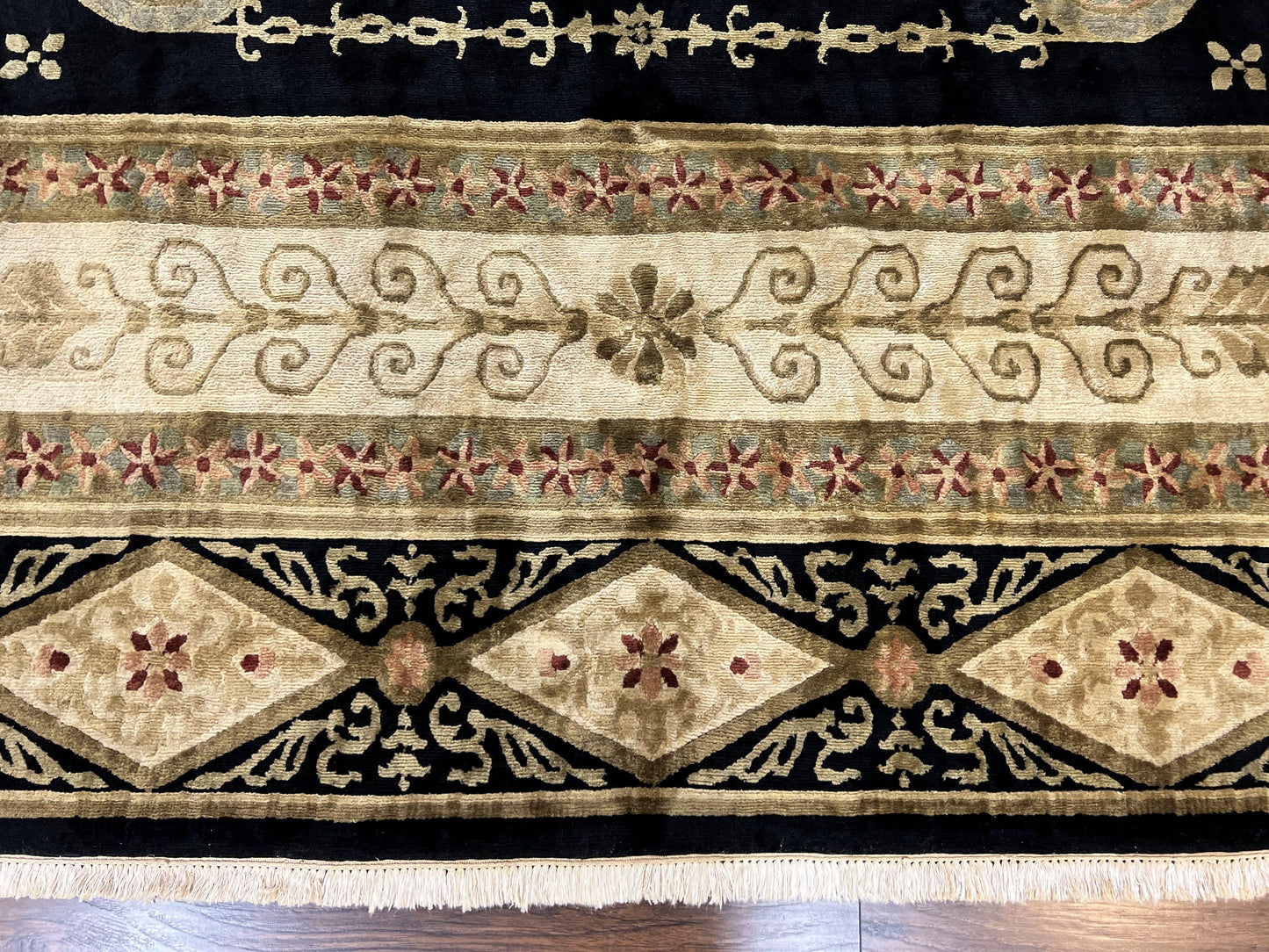 Tibetan Rug 8x10, Nepali Area Rug, Soft New Zealand Wool Carpet 8 x 10 ft, Black Tan Beige, Vintage Handmade Rug, French Aubusson Pattern - Nuvé