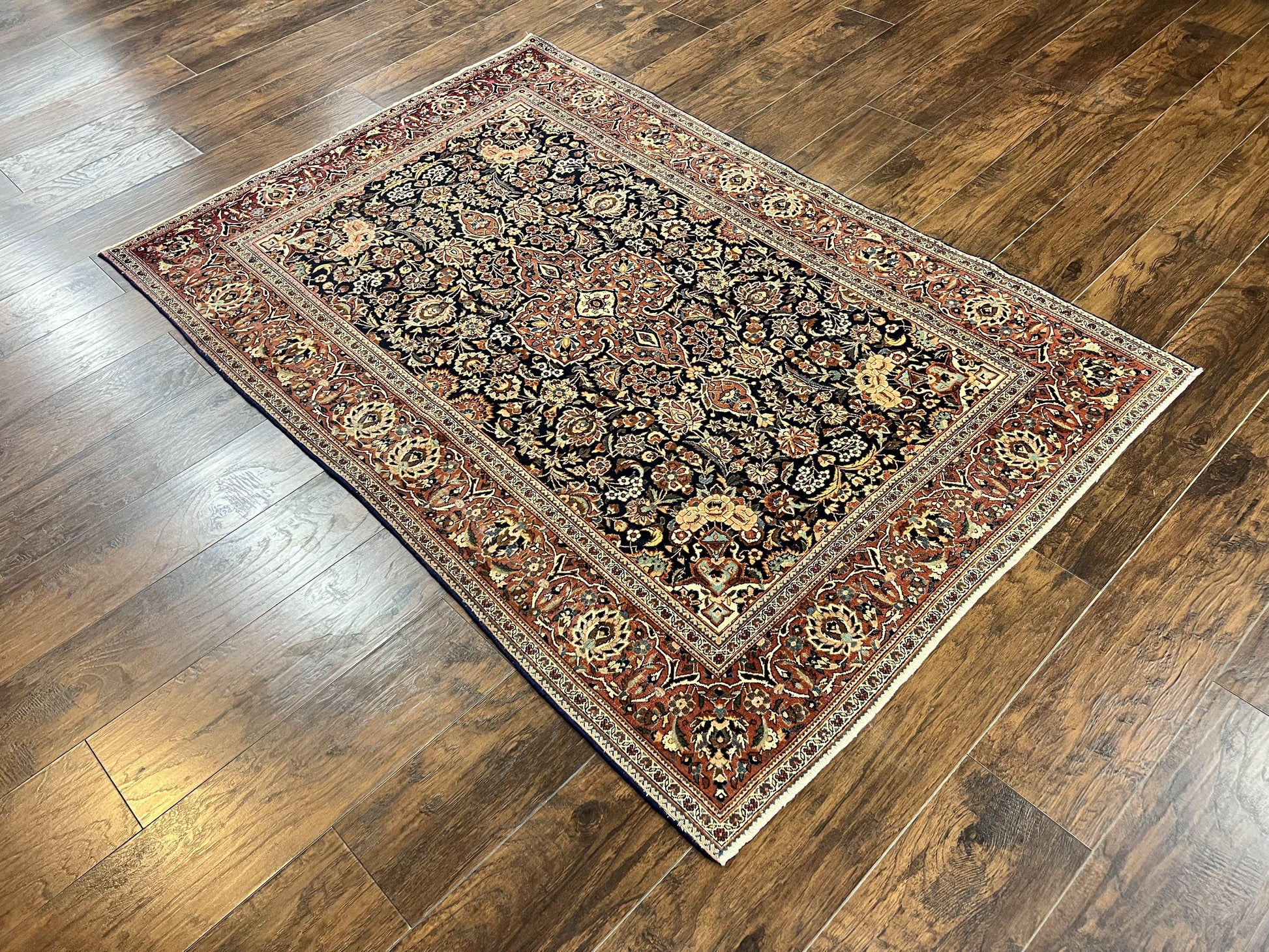 Persian Kashan Rug 4x7, Floral Medallion Vintage Handmade Hand Knotted Navy Blue & Red Wool Oriental Carpet, Highly Detailed Semi Antique Rug - Nuvé