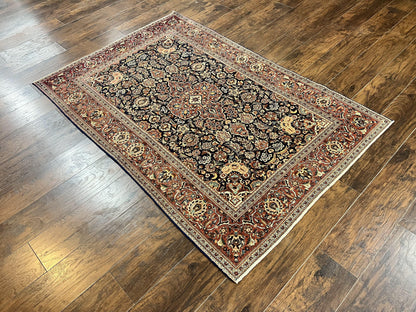 Persian Kashan Rug 4x7, Floral Medallion Vintage Handmade Hand Knotted Navy Blue & Red Wool Oriental Carpet, Highly Detailed Semi Antique Rug - Nuvé