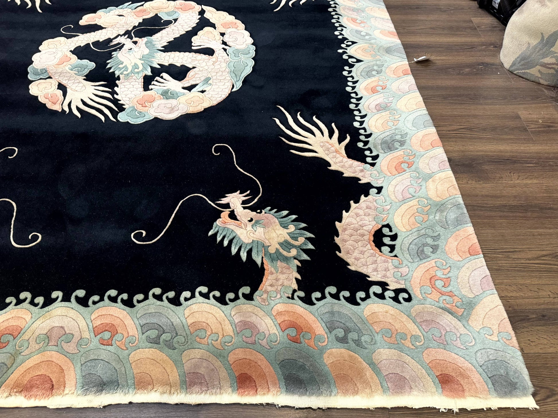 Black Chinese Wool Rug 8x10 with Dragons, Rainbow Borders, Rare - Nuvé