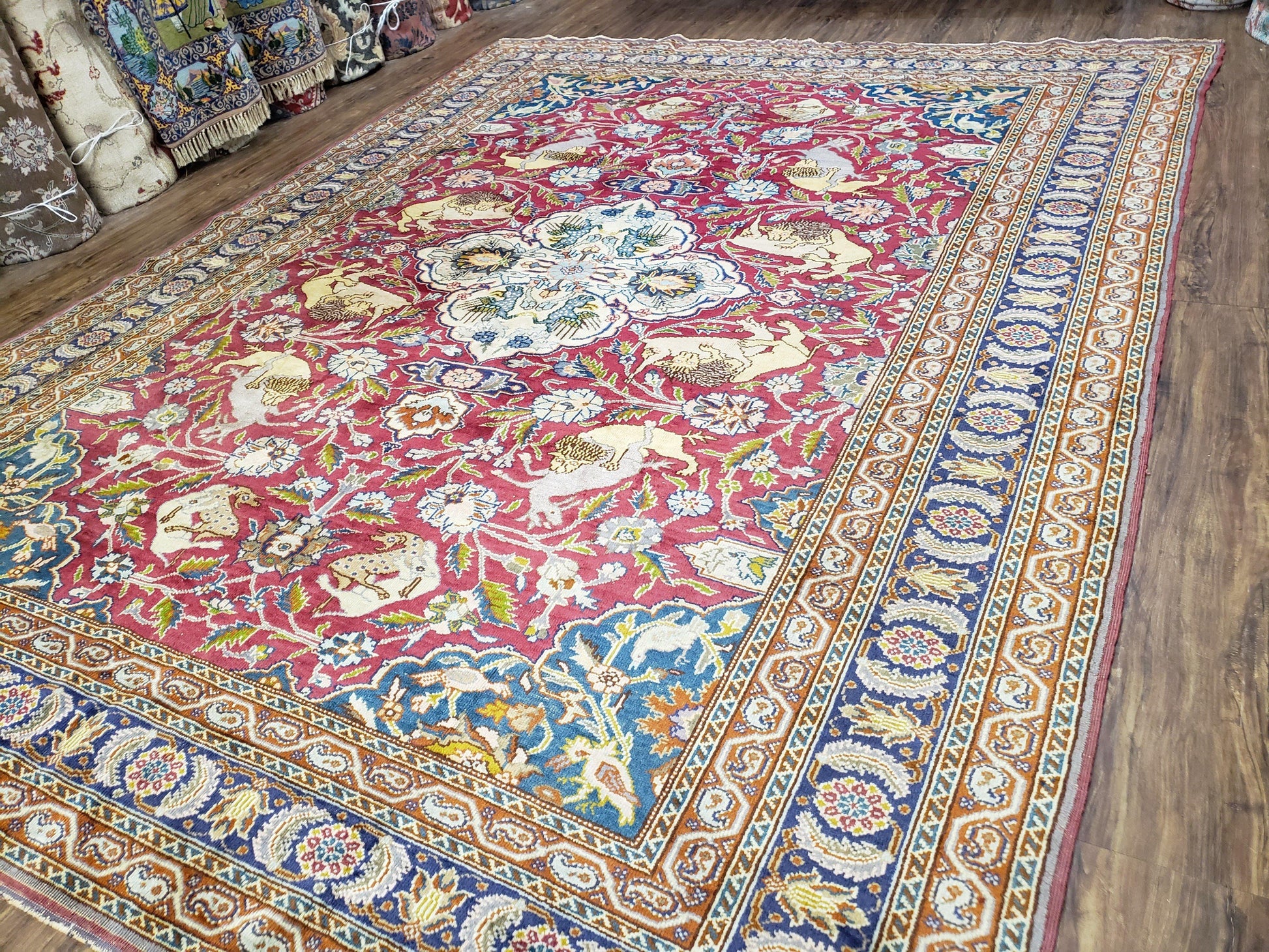 Antique Turkish Sivas Area Rug 8x11, Hand-Knotted, Vintage Red Wool Carpet, Gazelles Lions, Boteh Border, 8' x 11' Top Quality Oriental Rug - Nuvé