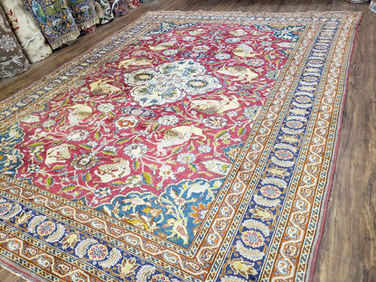 Antique Turkish Sivas Area Rug 8x11, Hand-Knotted, Vintage Red Wool Carpet, Gazelles Lions, Boteh Border, 8' x 11' Top Quality Oriental Rug - Nuvé