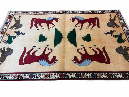 4x6 Rug Handmade Zagros Quality Wool Horses Tribal Hand-Knotted Rug Veggie Dye - Nuvé