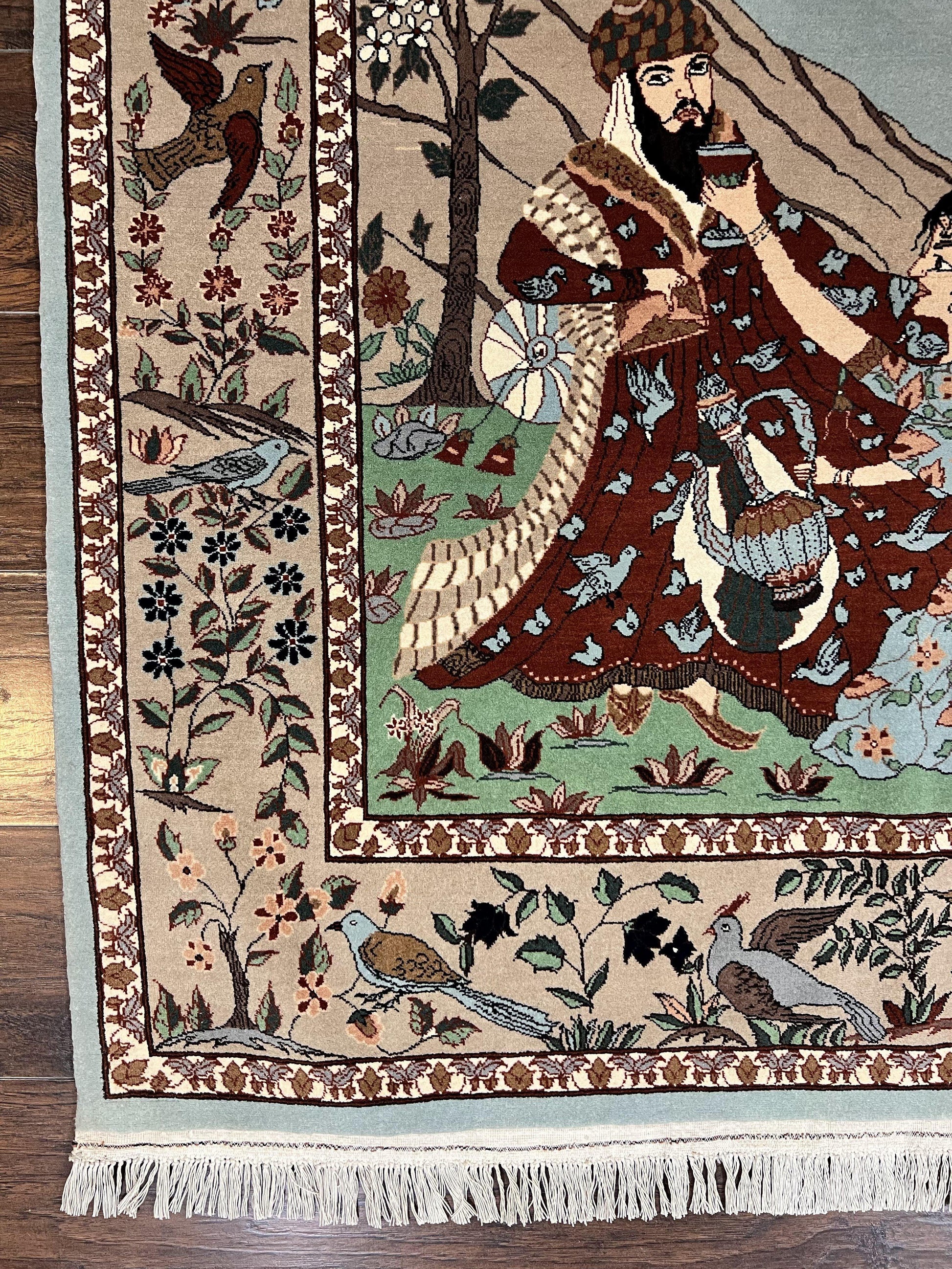 Indo Persian Pictorial Rug 4x7, Handmade Hand Knotted Wool Semi Antique Horizontal Carpet, Men & Women Drinking, Fine Rug, Bird Pictorials - Nuvé