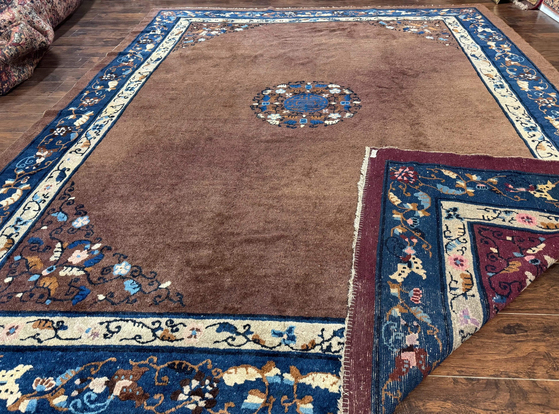 Antique Chinese Wool Rug 9x11, Large Chinese Art Deco Rug, Peking Rug, Brown and Blue, Open Field, Fete Rug - Nuvé
