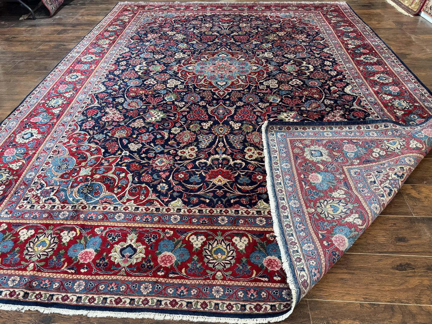 Navy Blue Persian Rug 9x12, Antique Persian Carpet, Kork Wool, 200 KPSI, Persian Kashan Rug - Nuvé