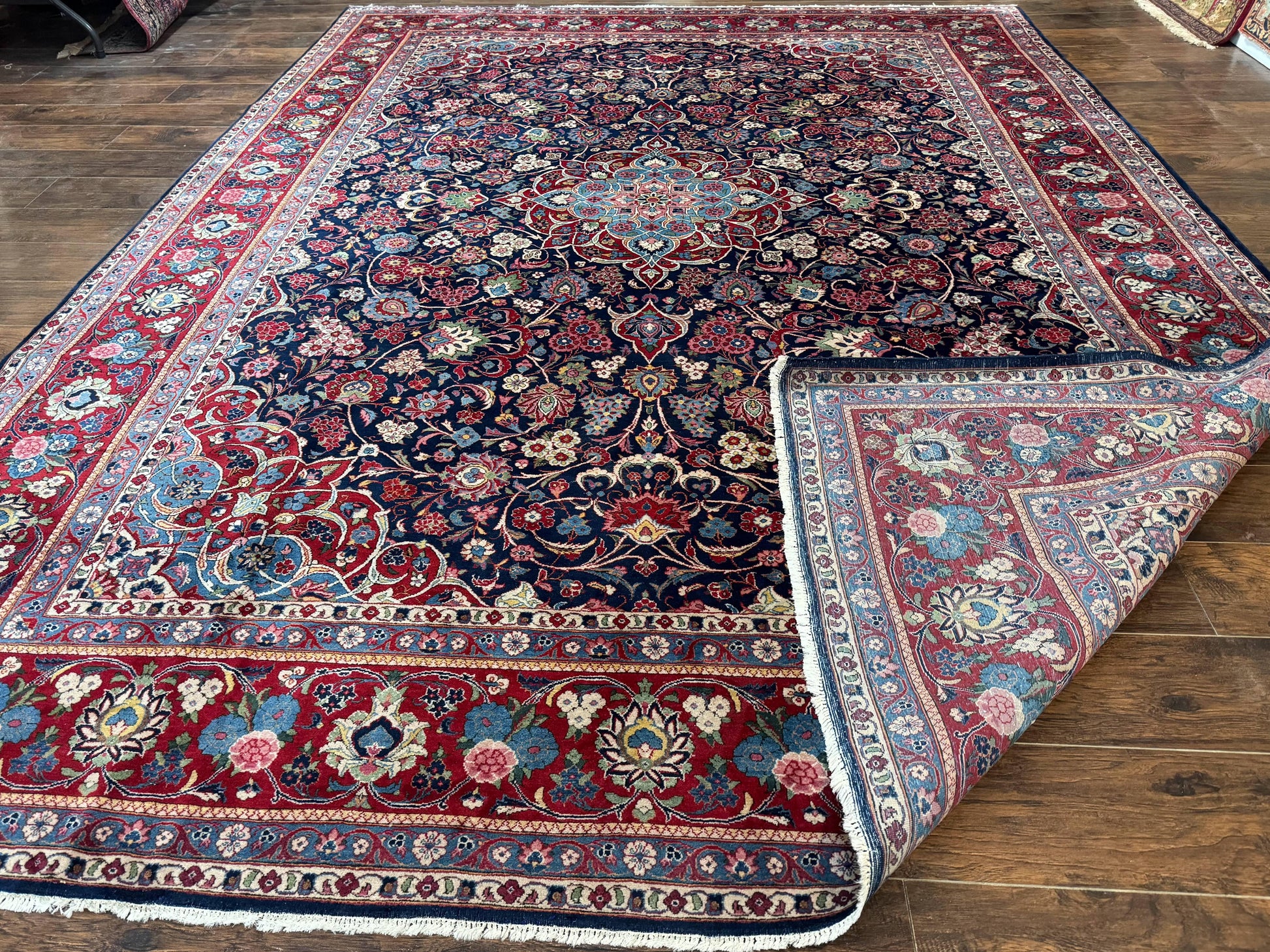 Navy Blue Persian Rug 9x12, Antique Persian Carpet, Kork Wool, 200 KPSI, Persian Kashan Rug - Nuvé