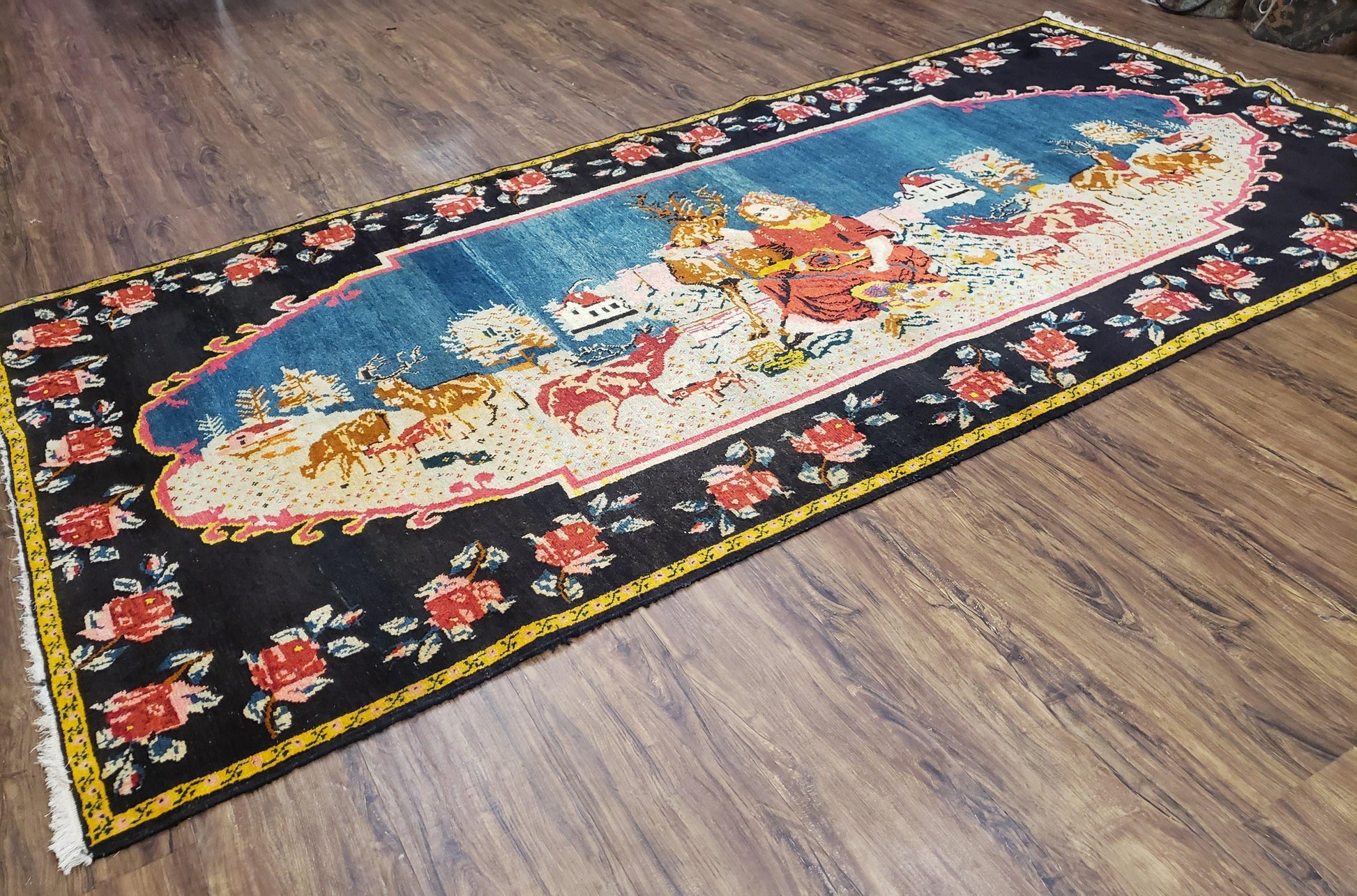 Antique Persian Pictorial Rug 4'6" x 9', Wool Hand-Knotted Blue Roses Karabagh Caucasian Carpet, 1920s Girl Deer Tapestry Wall Hanging Rug - Nuvé