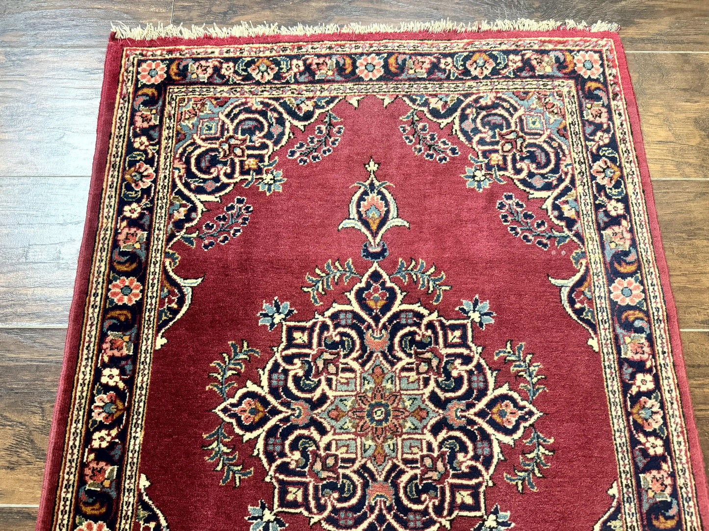 Small Persian Kashan Rug 2x3, Red and Navy Blue, Handmade Vintage Wool Semi Antique Persian Carpet, Semi Open Field, Pair B - Nuvé