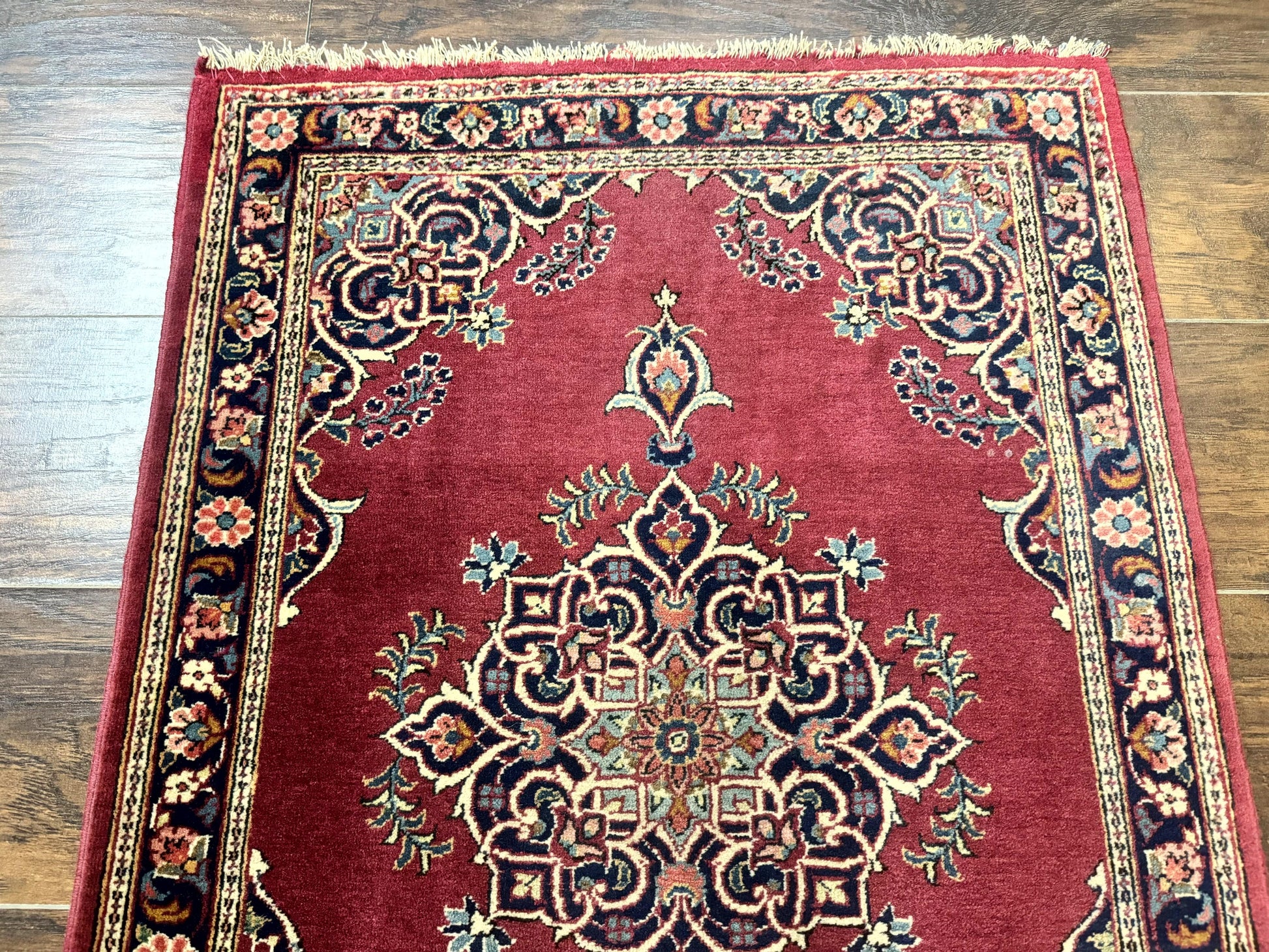 Small Persian Kashan Rug 2x3, Red and Navy Blue, Handmade Vintage Wool Semi Antique Persian Carpet, Semi Open Field, Pair B - Nuvé