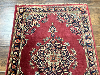 Small Persian Kashan Rug 2x3, Red and Navy Blue, Handmade Vintage Wool Semi Antique Persian Carpet, Semi Open Field, Pair B - Nuvé