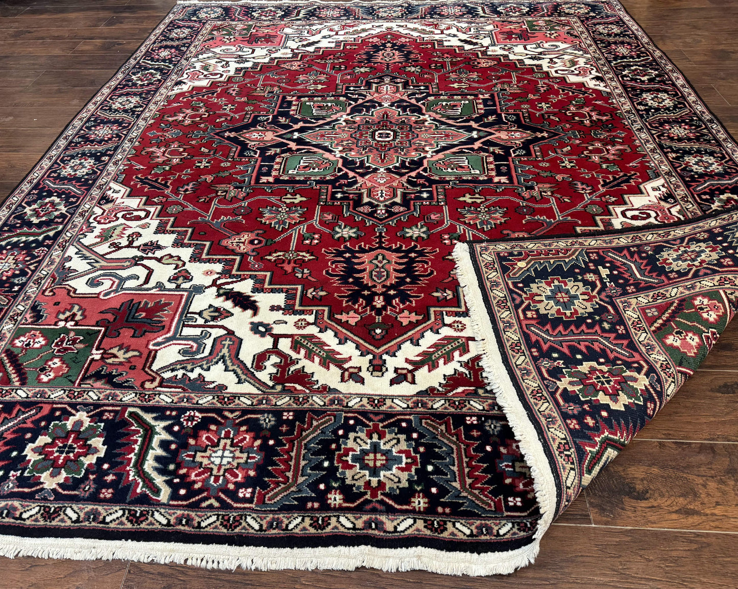 Indo Persian Heriz Rug 8x10, Geometric Medallion, Brick Red Ivory Navy Blue, Room Sized Heriz Carpet, Wool Rug - Nuvé