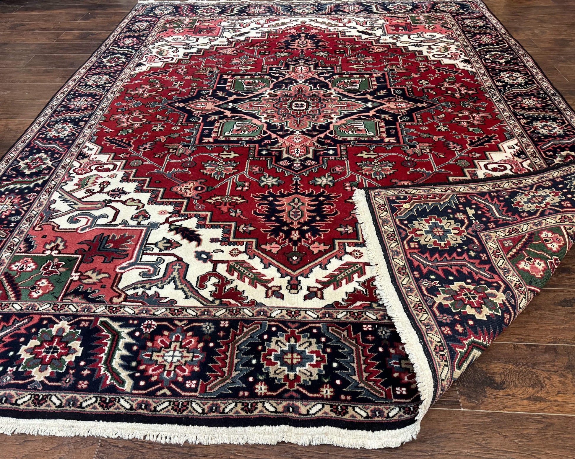 Indo Persian Heriz Rug 8x10, Geometric Medallion, Brick Red Ivory Navy Blue, Room Sized Heriz Carpet, Wool Rug - Nuvé