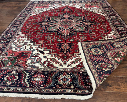 Indo Persian Heriz Rug 8x10, Geometric Medallion, Brick Red Ivory Navy Blue, Room Sized Heriz Carpet, Wool Rug - Nuvé