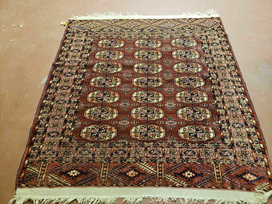 4' X 4' Antique Handmade Turkoman Bokhara Balouch Woven Wool Rug Brick Red Nice - Nuvé