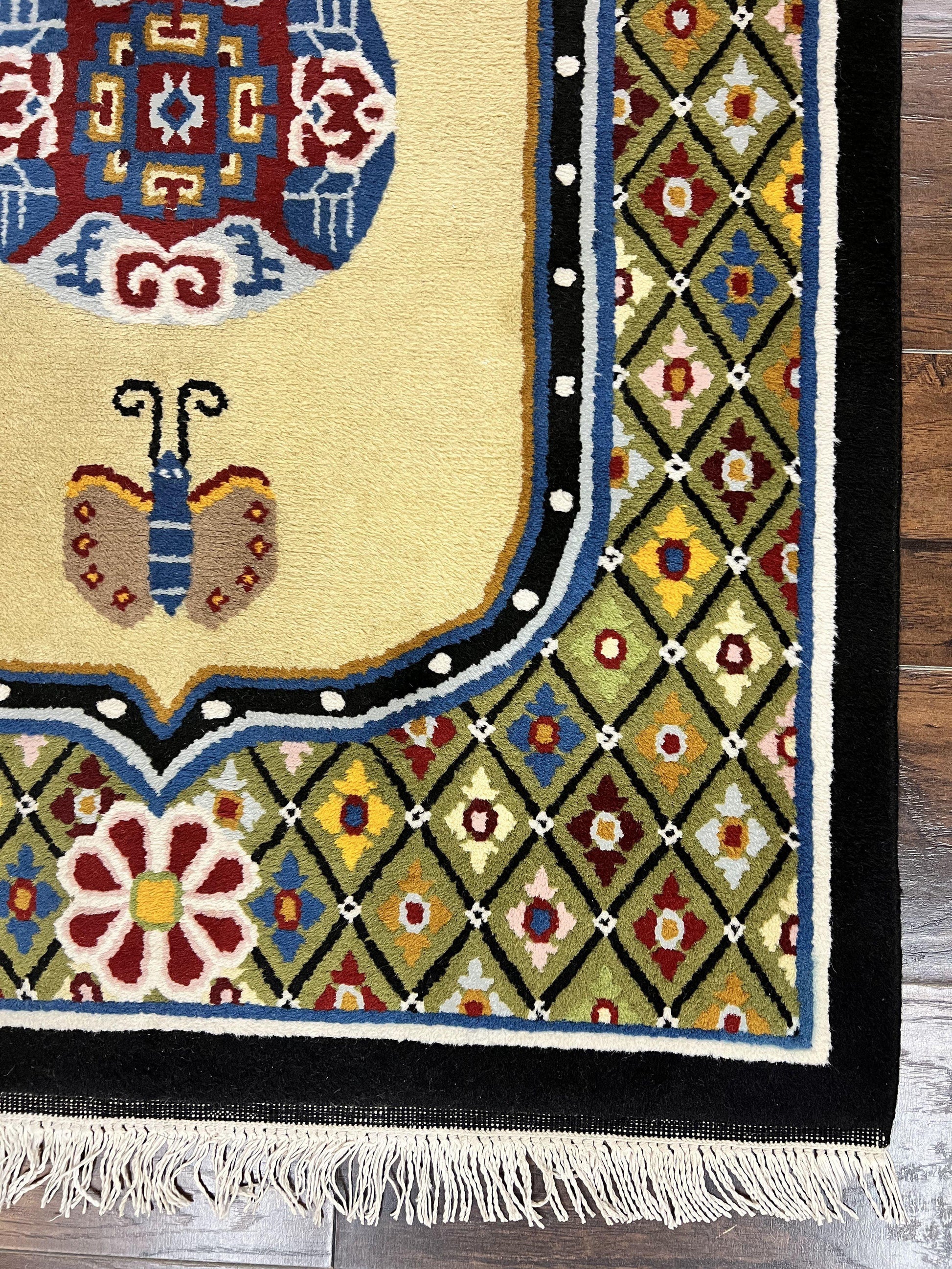 Chinese Rug 3x6 ft, Chinese Wool Rug, Tiensin Rug, Handmade Wool 3 x 6 Vintage Peking Rug, Art Deco Rug, Butterflies - Nuvé