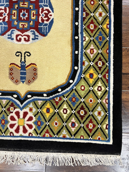 Chinese Rug 3x6 ft, Chinese Wool Rug, Tiensin Rug, Handmade Wool 3 x 6 Vintage Peking Rug, Art Deco Rug, Butterflies - Nuvé