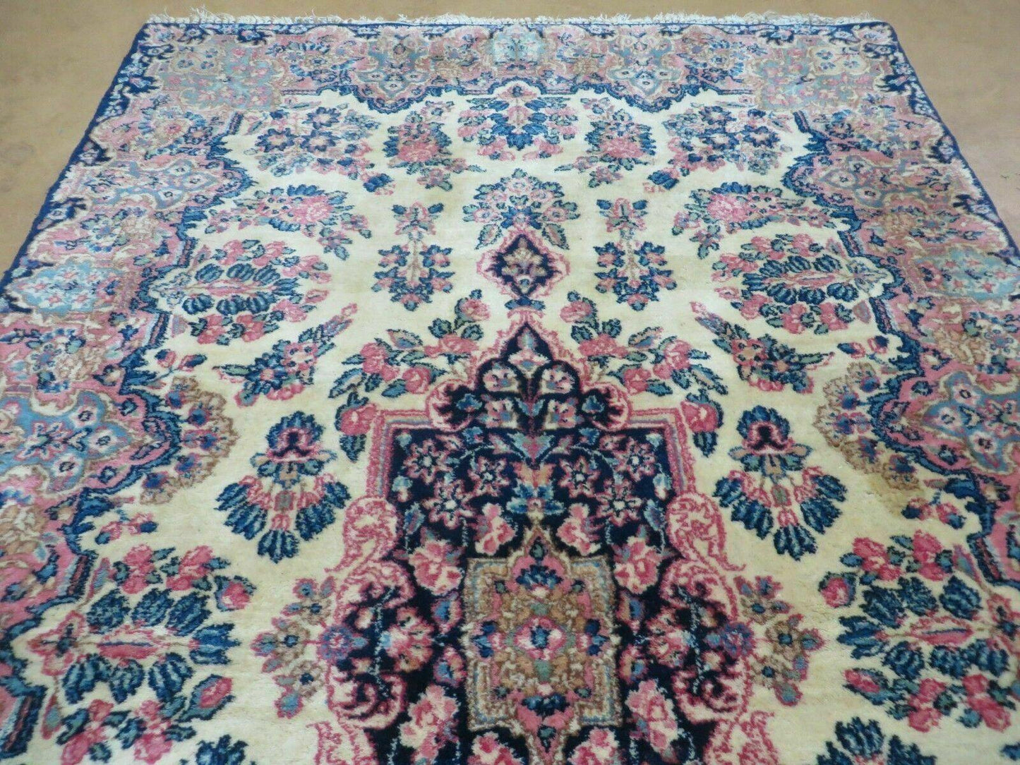 Antique Persian Kirman Rug 3.9 x 6.6, Floral Oriental Carpet, Ivory/Cream - Blue - Pink, Hand Knotted Wool Rug, Floral Medallion Rug 4x6 - Nuvé