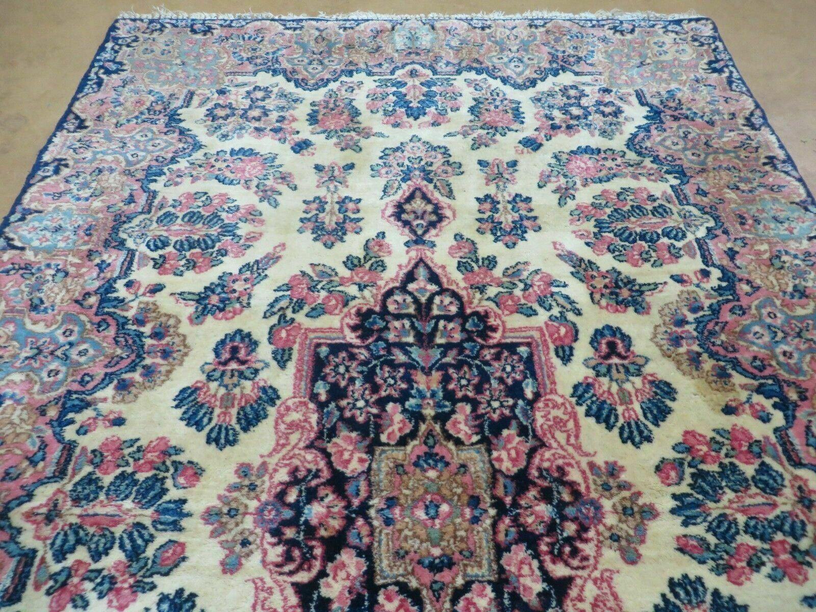 Antique Persian Kirman Rug 3.9 x 6.6, Floral Oriental Carpet, Ivory/Cream - Blue - Pink, Hand Knotted Wool Rug, Floral Medallion Rug 4x6 - Nuvé