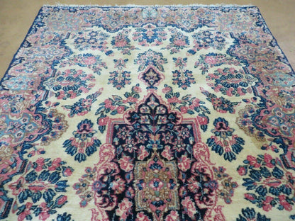 Antique Persian Kirman Rug 3.9 x 6.6, Floral Oriental Carpet, Ivory/Cream - Blue - Pink, Hand Knotted Wool Rug, Floral Medallion Rug 4x6 - Nuvé