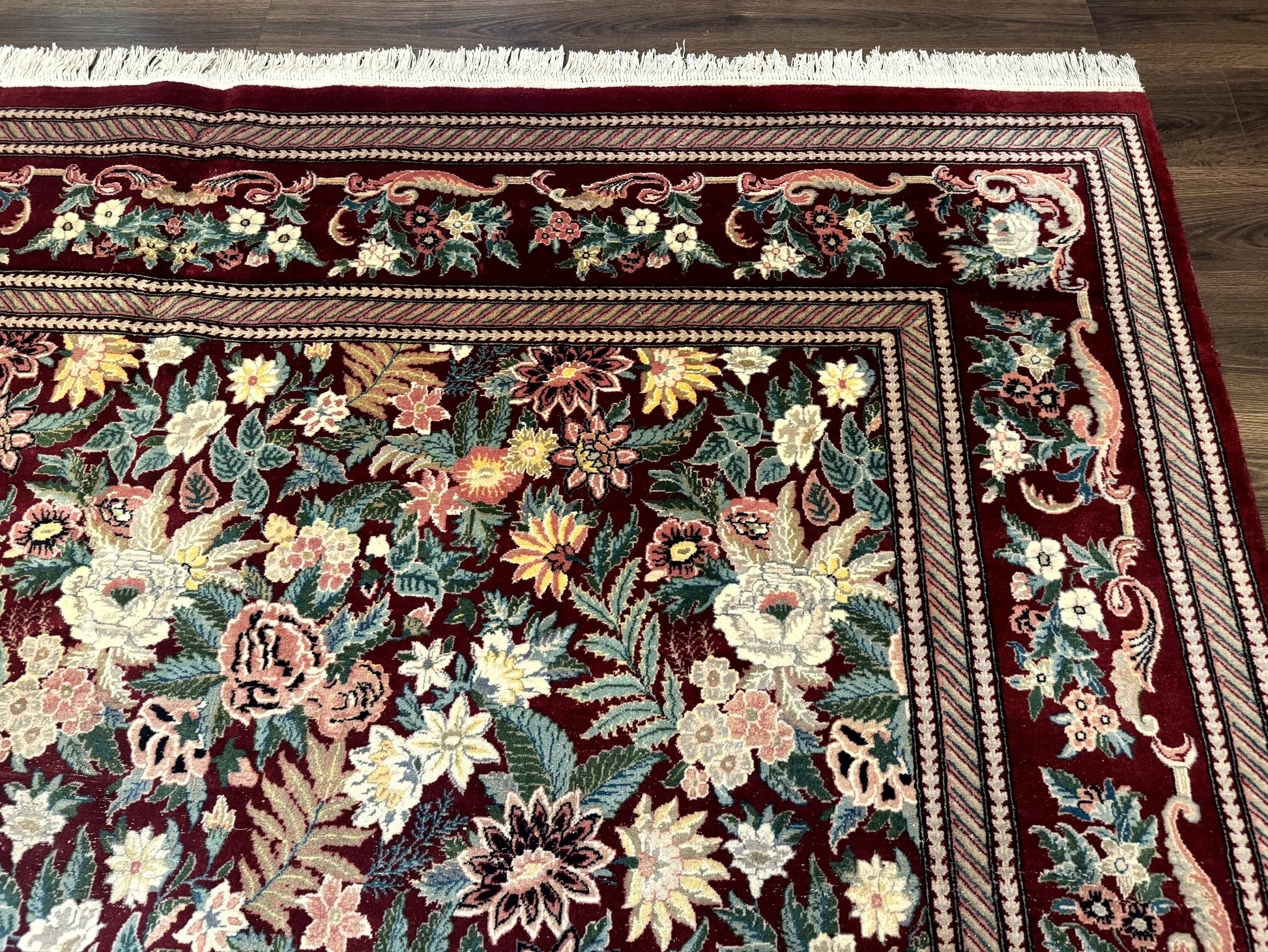 Pakistani Rug 9x12 William Morris Maroon Vintage Floral Wool - Nuvé