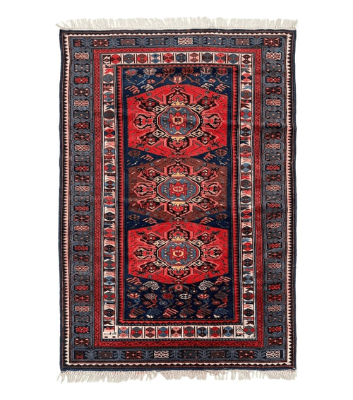 Antique Caucasian Seychour Rug 3.7 x 5.5, Collectible Oriental Carpet, Navy Blue and Red, Fine Kuba Rug, Vintage Rug, Wool Hand Knotted Rug