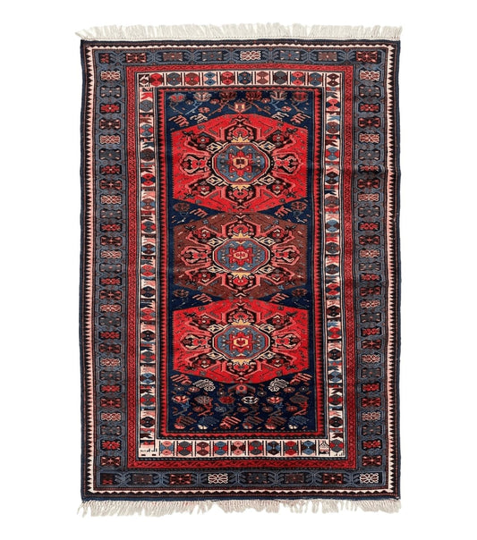 Antique Caucasian Seychour Rug 3.7 x 5.5, Collectible Oriental Carpet, Navy Blue and Red, Fine Kuba Rug, Vintage Rug, Wool Hand Knotted Rug