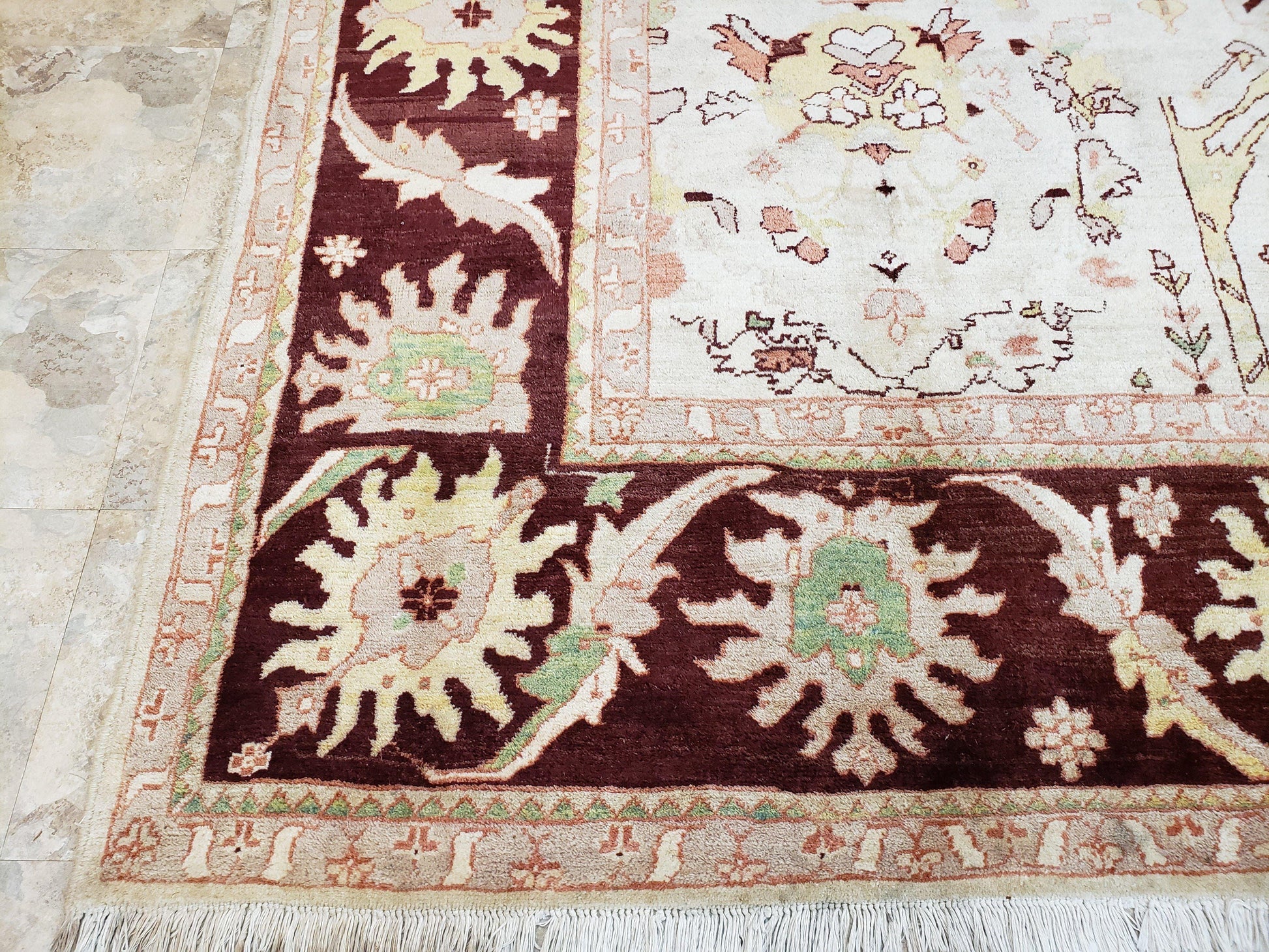 Beige and Maroon Peshawar Rug 10x15, Large Oushak Carpet, Pakistani Rug, Handmade Area Rug, Hand Knotted Rug, Living Room Rug, Nice Wool Rug - Nuvé