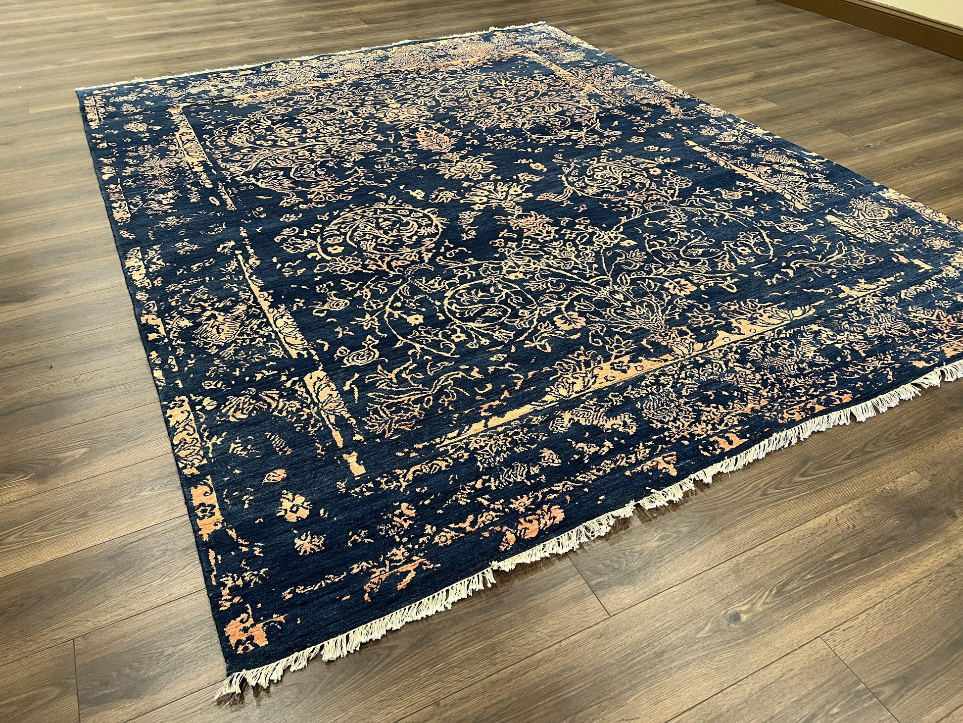 Area Rug 8x10 High Quality Handmade Oriental Carpet, Modern Contemporary Rug, Rug for Living Room, Wool Rug, Blue and Gold, Pakistani Rug - Nuvé