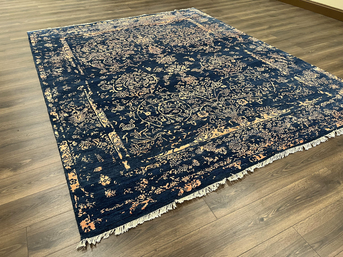 Area Rug 8x10 High Quality Handmade Oriental Carpet, Modern Contemporary Rug, Rug for Living Room, Wool Rug, Blue and Gold, Pakistani Rug