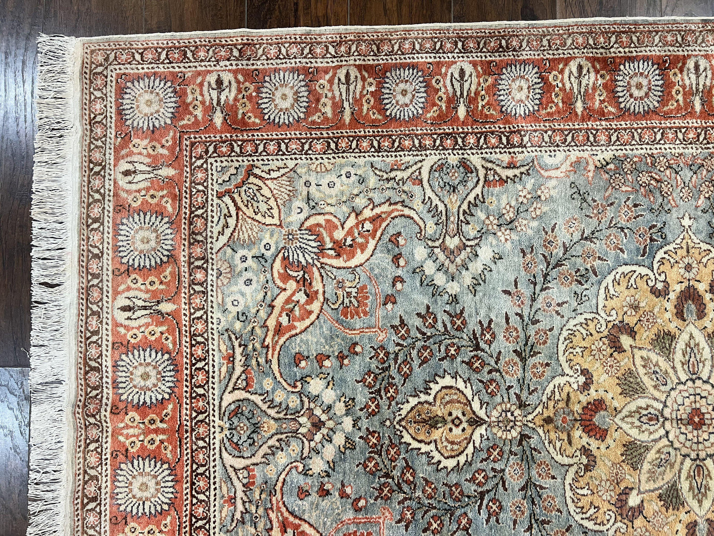 Silk Turkish Rug 5x7, Light Blue Silk Carpet, Floral Medallion, Turkish Kayseri Rug, Vintage Handmade Oriental Rug - Nuvé
