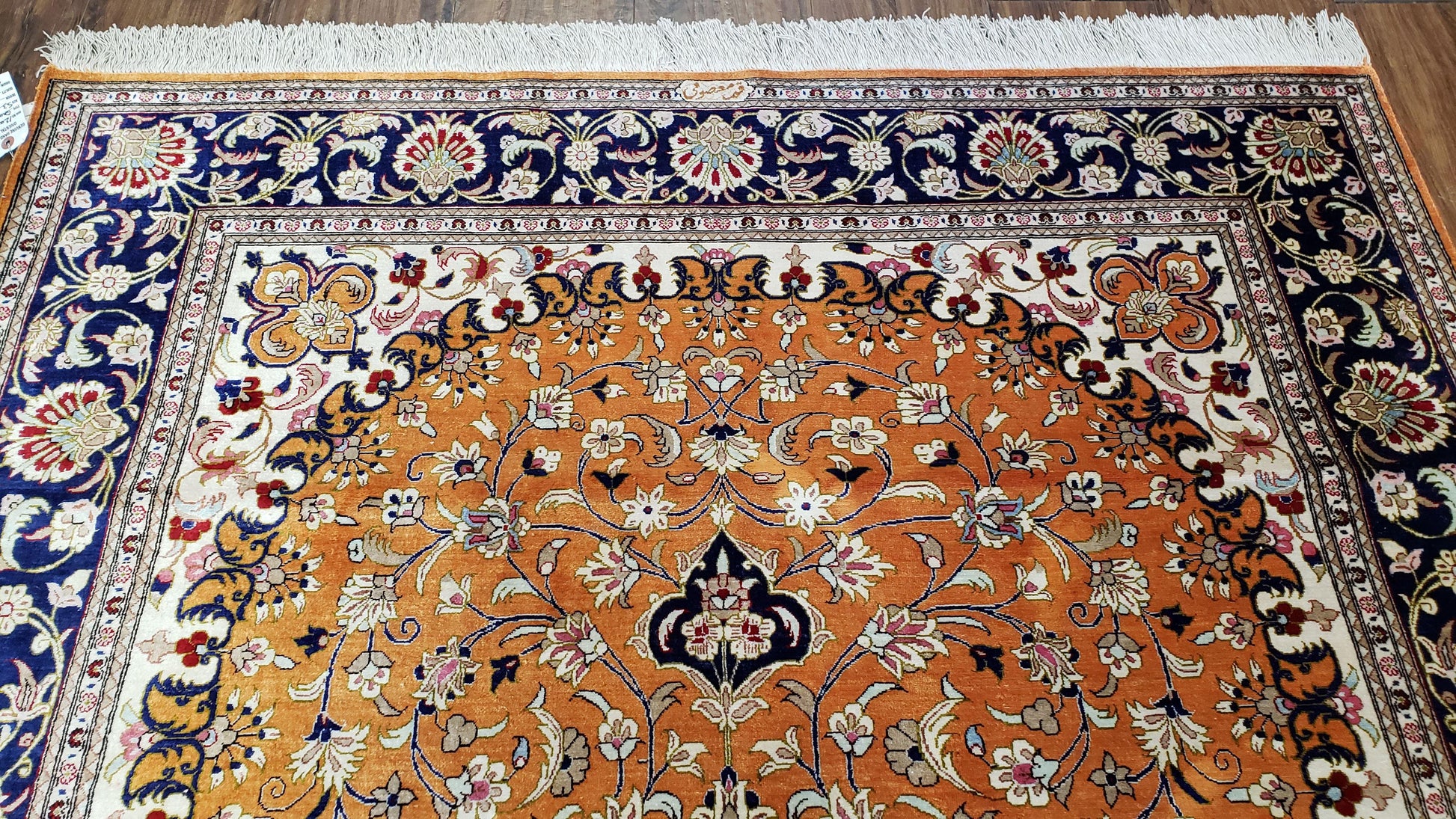 Vintage Persian Qum Silk Rug 4.6 x 6.7, Burnt Orange and Navy Blue, Antique Oriental Very Fine Signature Master Weaver 350+ KPSI Ghom Qom 5x7 Rug - Nuvé