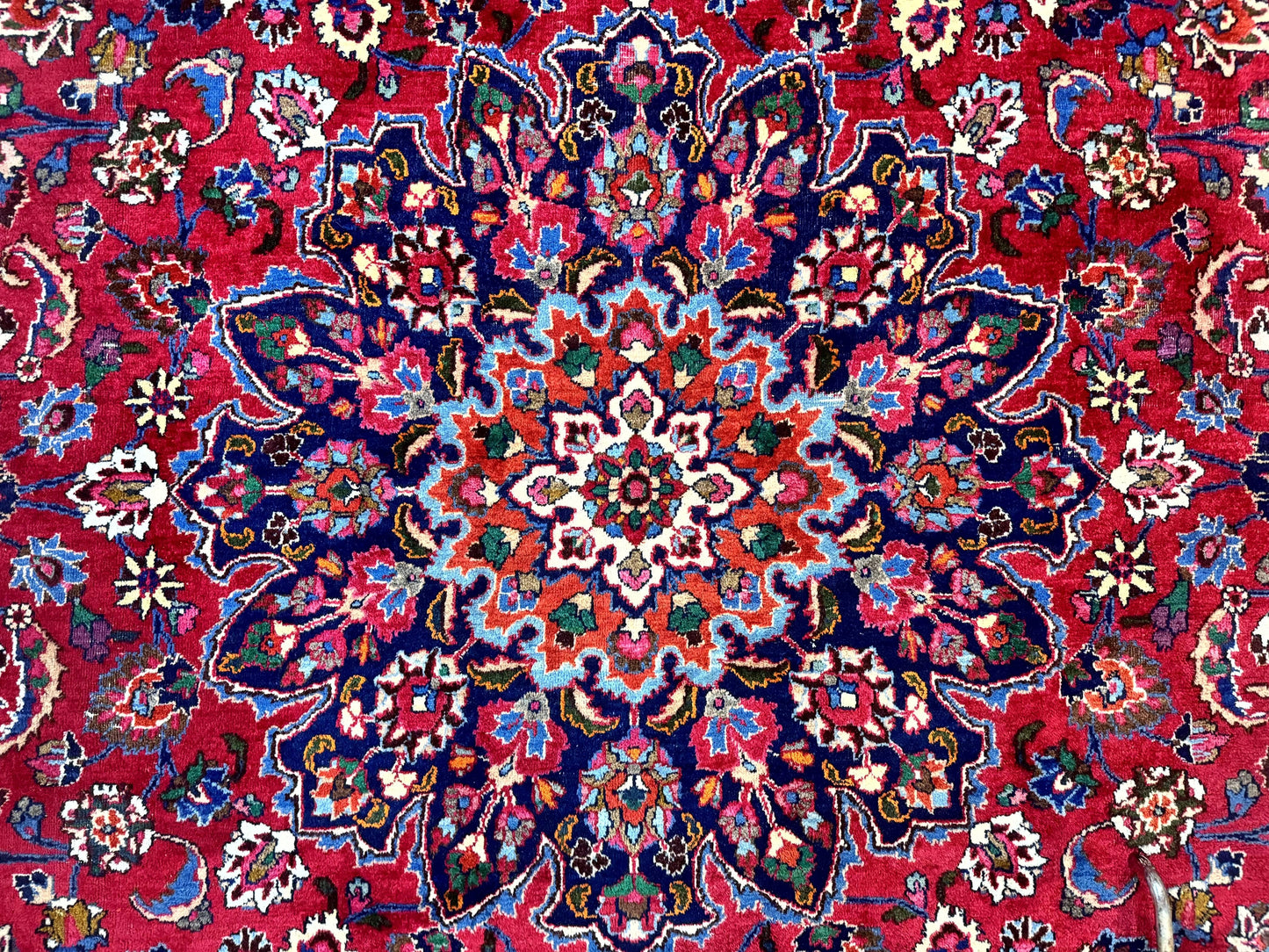 Antique Persian Mashad Rug 10x13, Red and Navy Blue, Great Colors, Signed By Masterweaver, Floral Medallion, Handmade Wool Persian Carpet - Nuvé